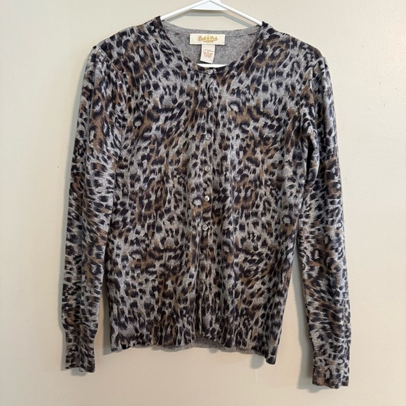 Peck & Peck Silk Cashmere cardigan sweater leopard animal medium gray neutrals - Picture 1 of 6